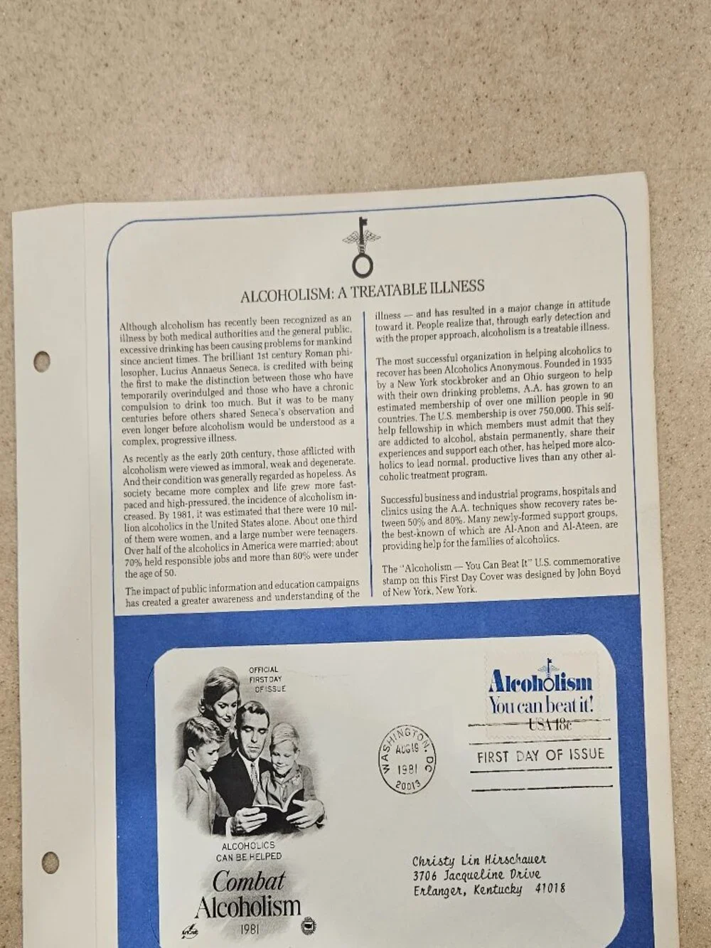 RARE COLLECTIBLE USPS 1ST DAY ISSUE COVER ALCOHOLISM YOU CAN BEAT IT STAMP FDC
